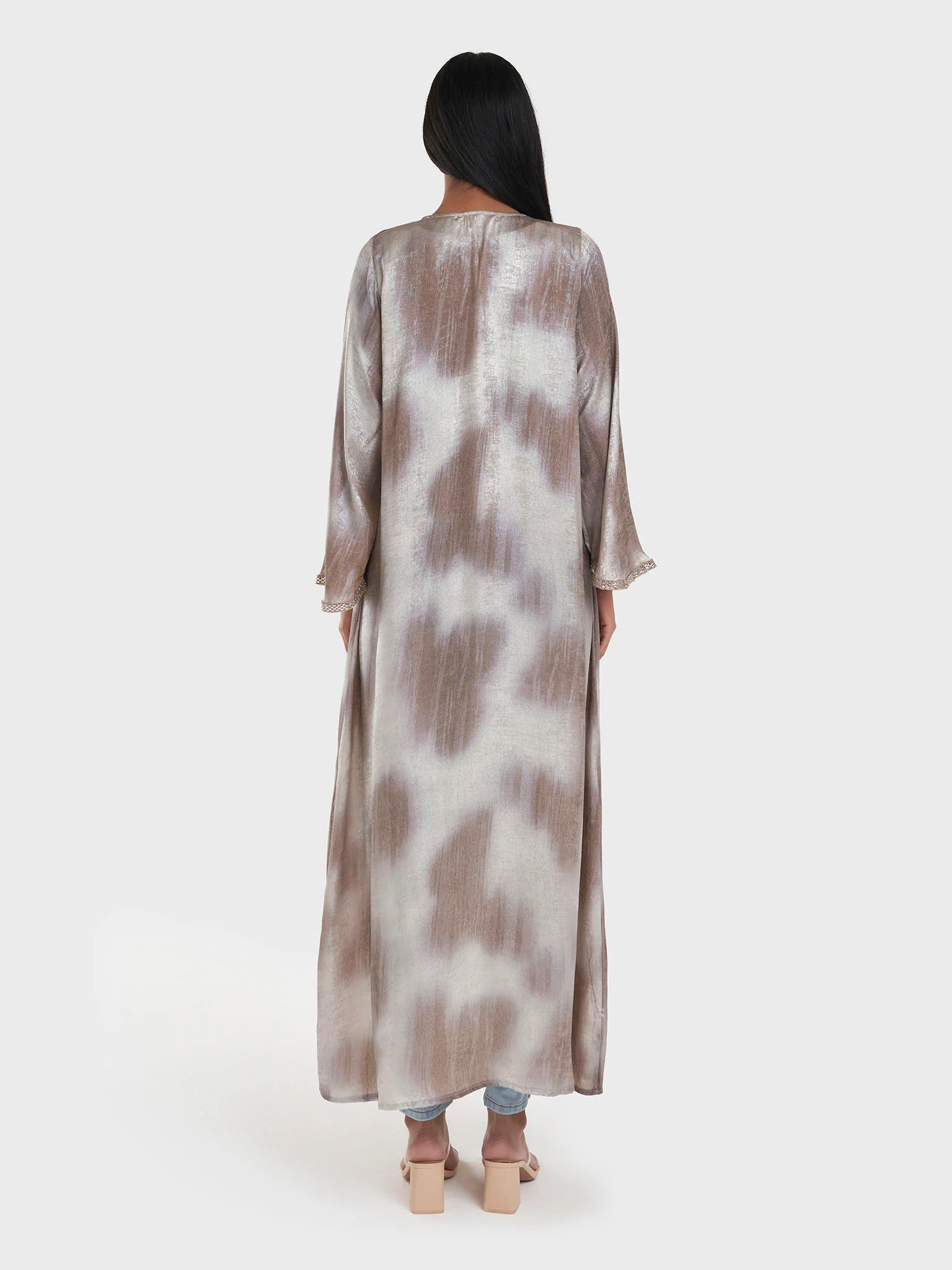 Beige Abstract Print Kimono with Stone Lace Border (AM554) - Image 4