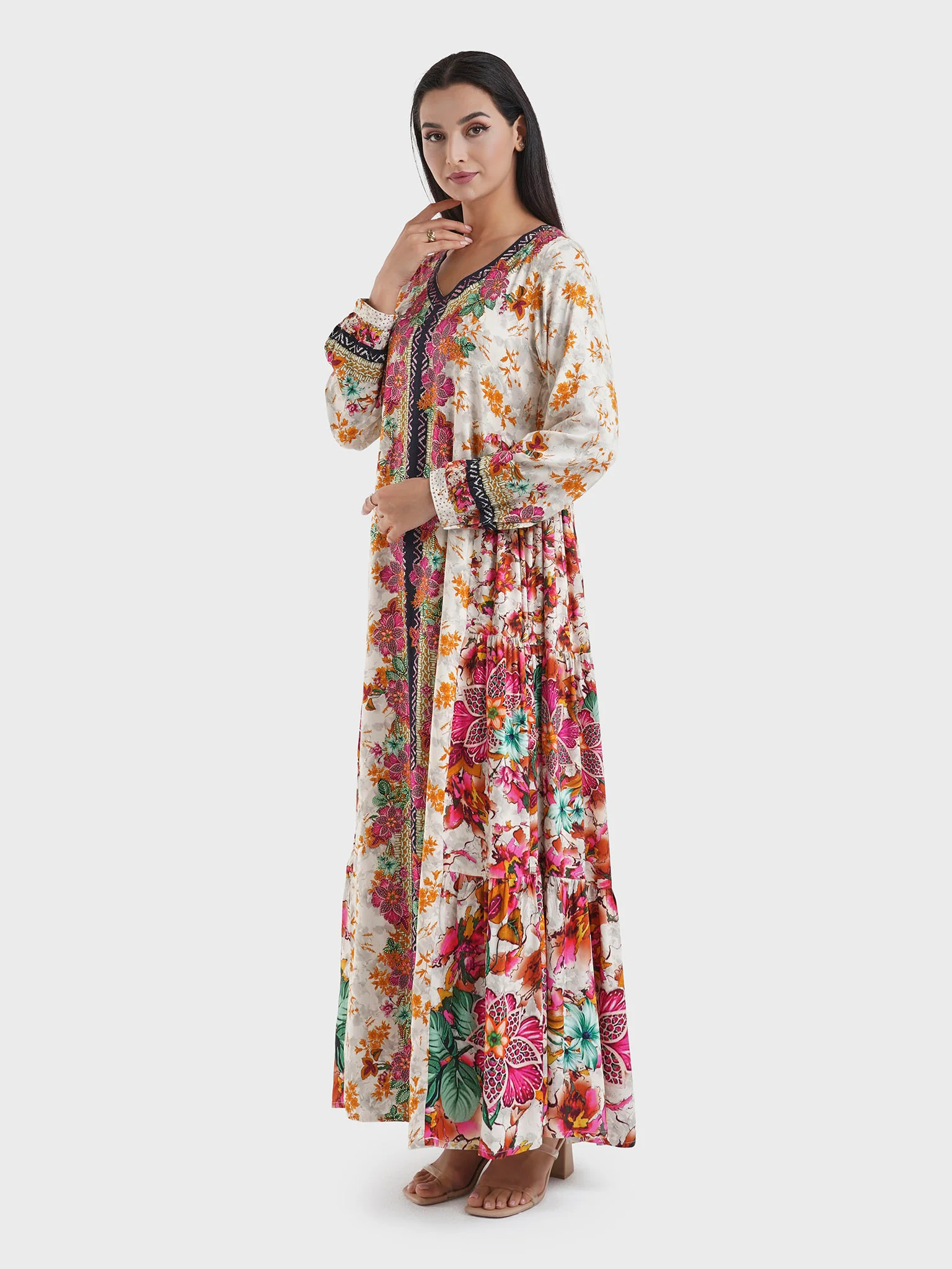 Viscose Beige Floral Tiered Jalabiya (VDU858) - Image 3